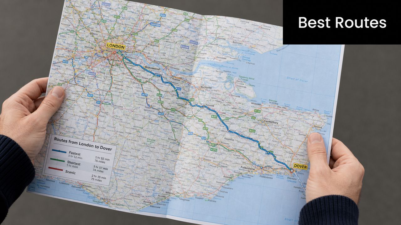 A person holding a physical paper map showing the fastest and shortest routes from London to Dover.