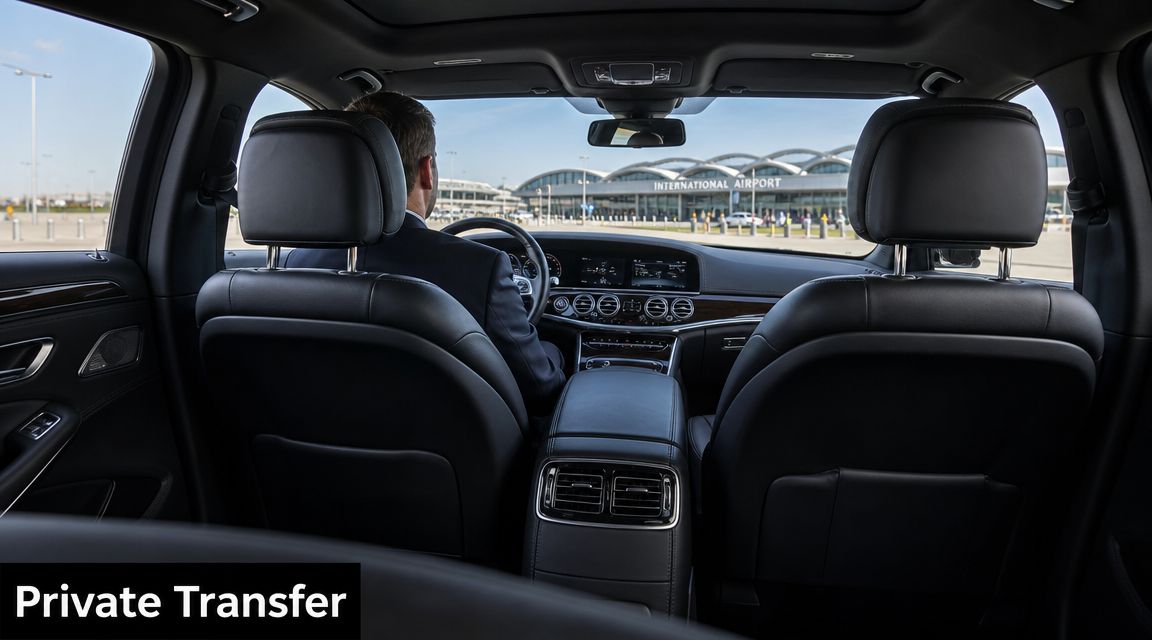 A professional chauffeur driving a luxury car towards an international airport terminal for a private transfer service.