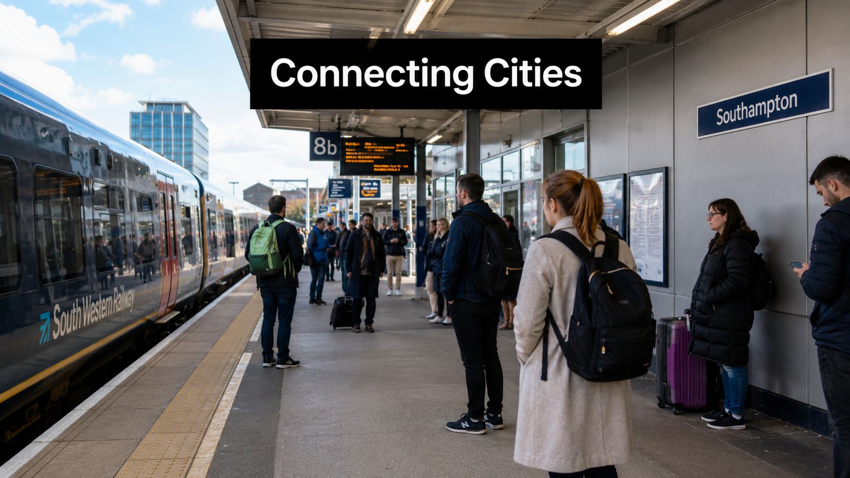 Passengers waiting on the platform at Southampton station near a South Western Railway train.