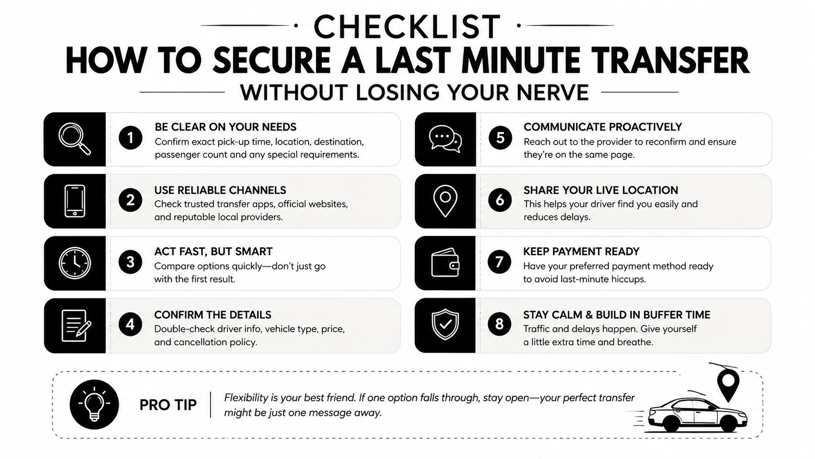 A checklist infographic titled How to Secure a Last Minute Transfer with eight numbered steps and tips.