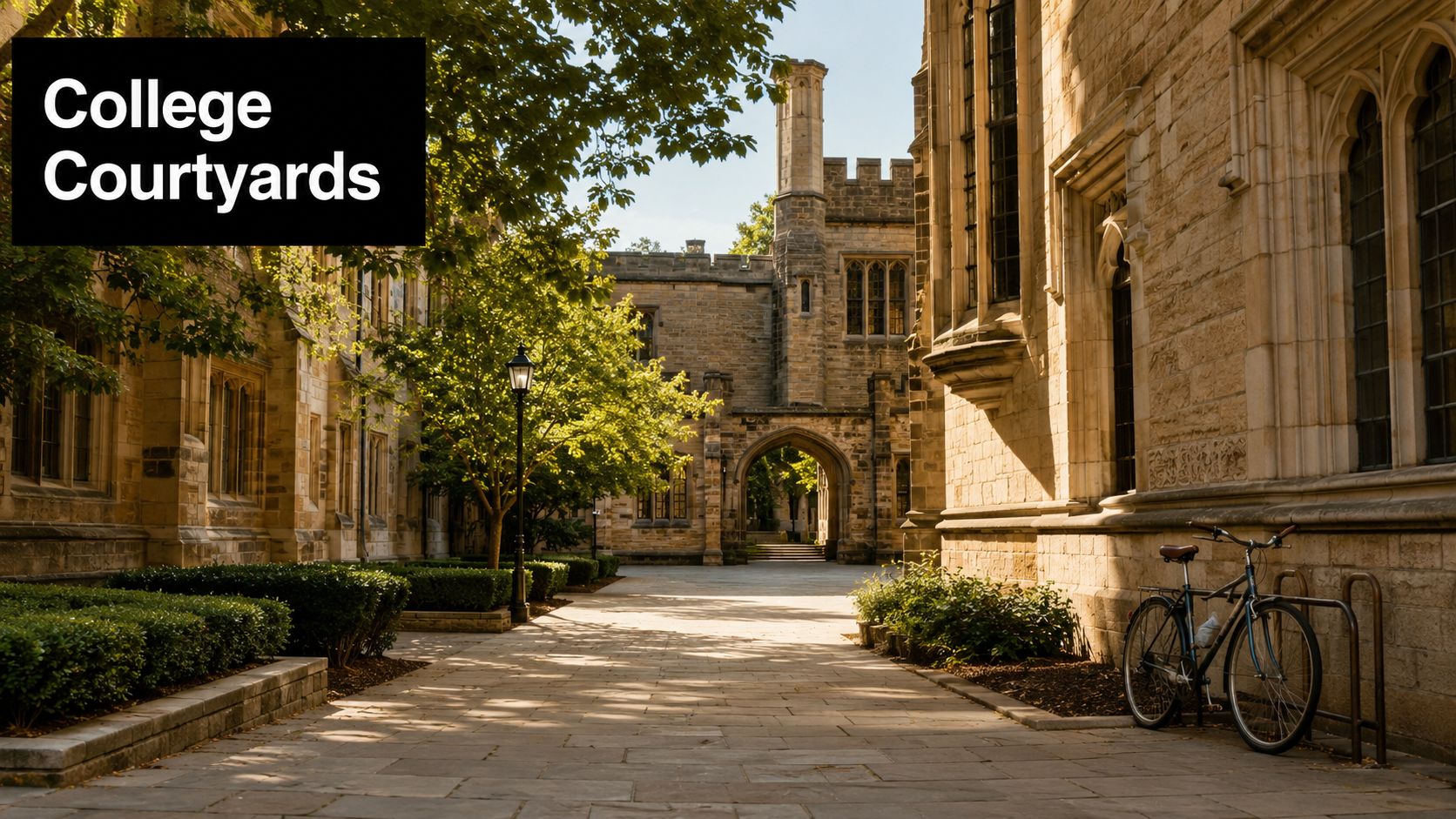 A scenic stone courtyard at a historic university campus with a bicycle parked near the entrance.
