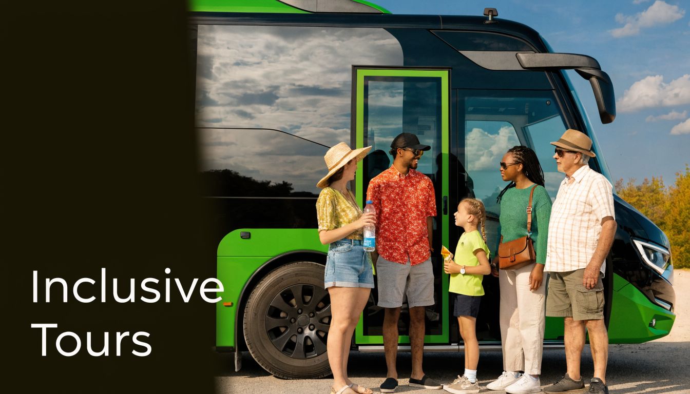 A diverse group of tourists standing in front of a modern green and black bus for their travels.