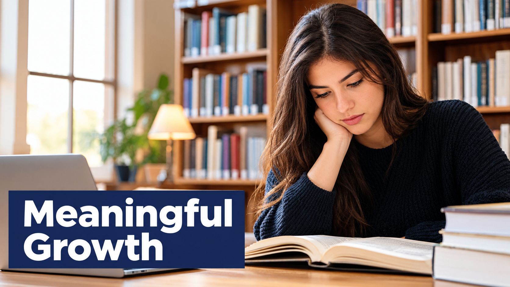 A young female student studying intently at a wooden desk in a quiet library with many books.
