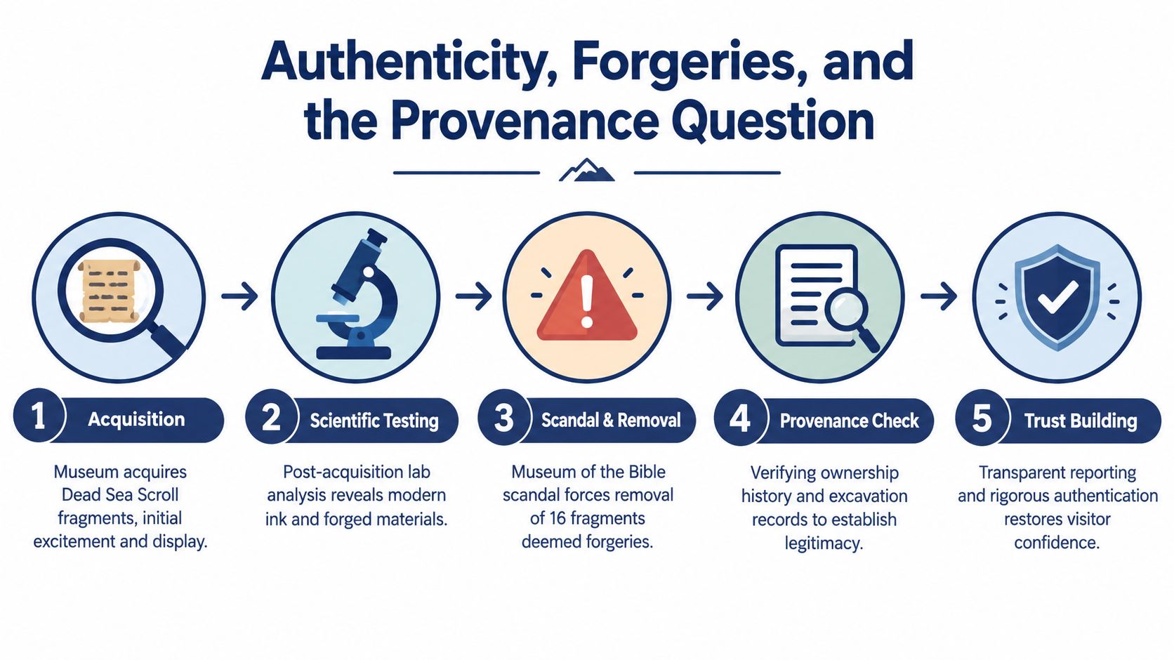 A five-step infographic illustrating the museum provenance process for forged biblical artifacts from acquisition to trust building.