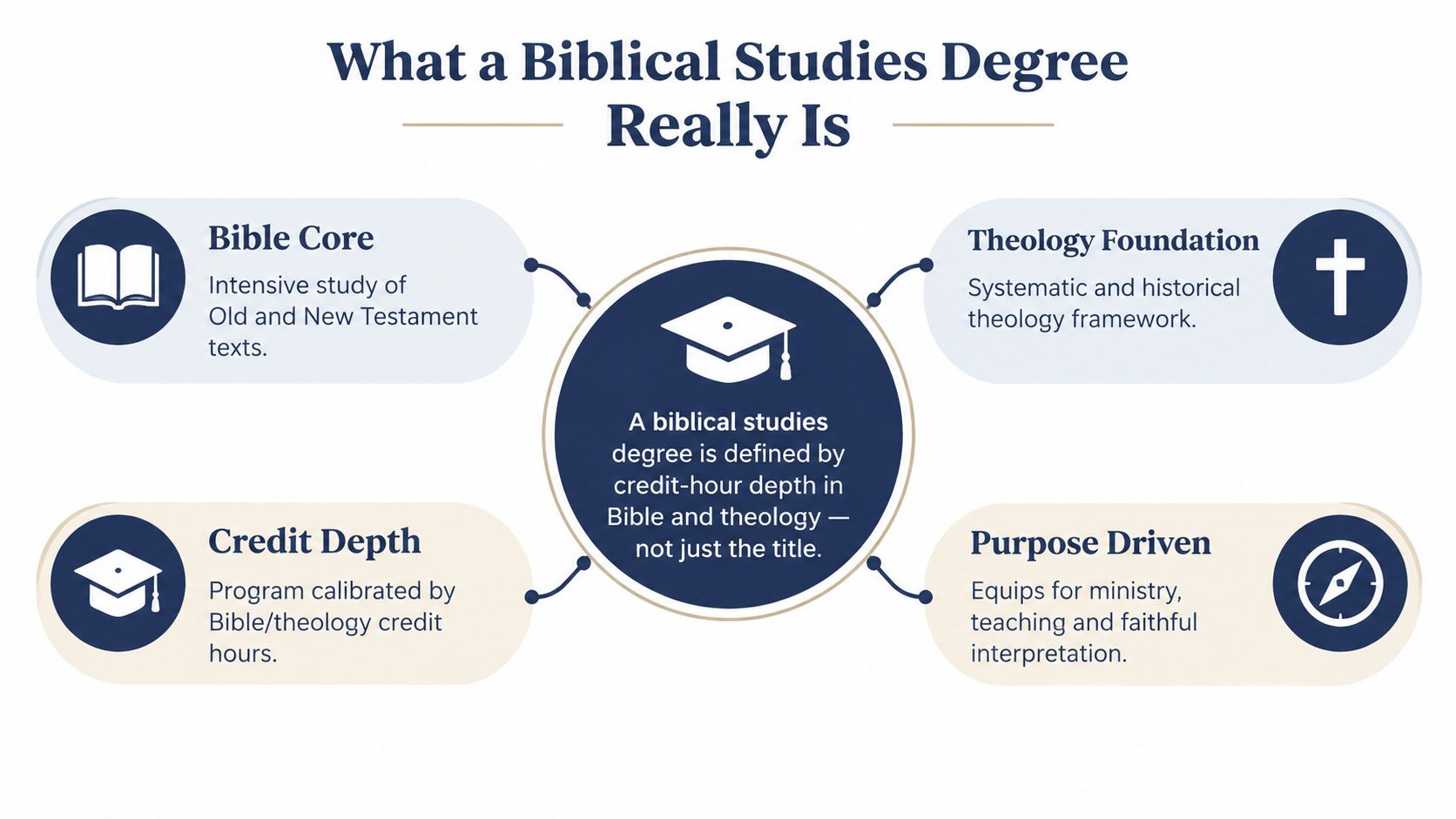 An infographic titled What a Biblical Studies Degree Really Is, highlighting its core components and purpose.