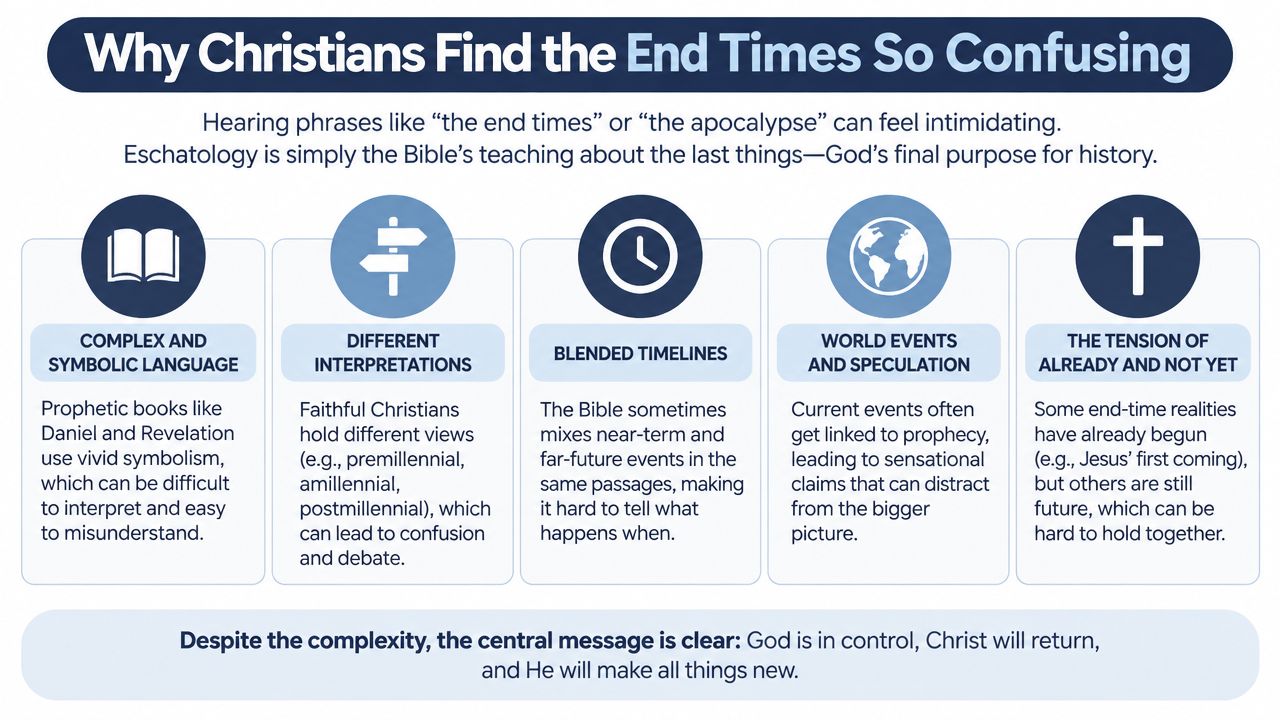 An infographic titled Why Christians Find the End Times So Confusing, outlining five theological reasons for confusion.
