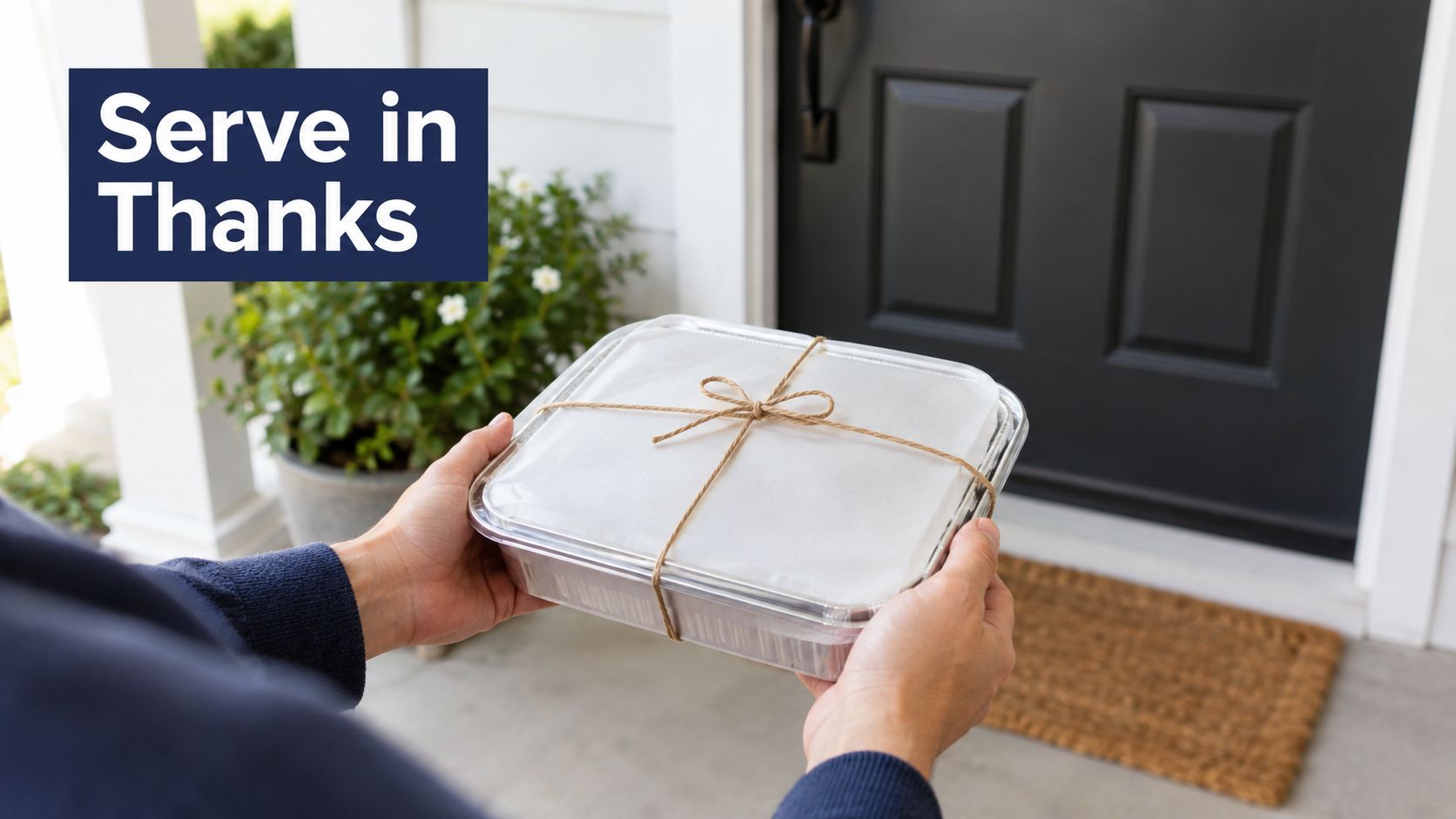 A person holds a covered foil food container tied with twine as a gift at a doorstep.