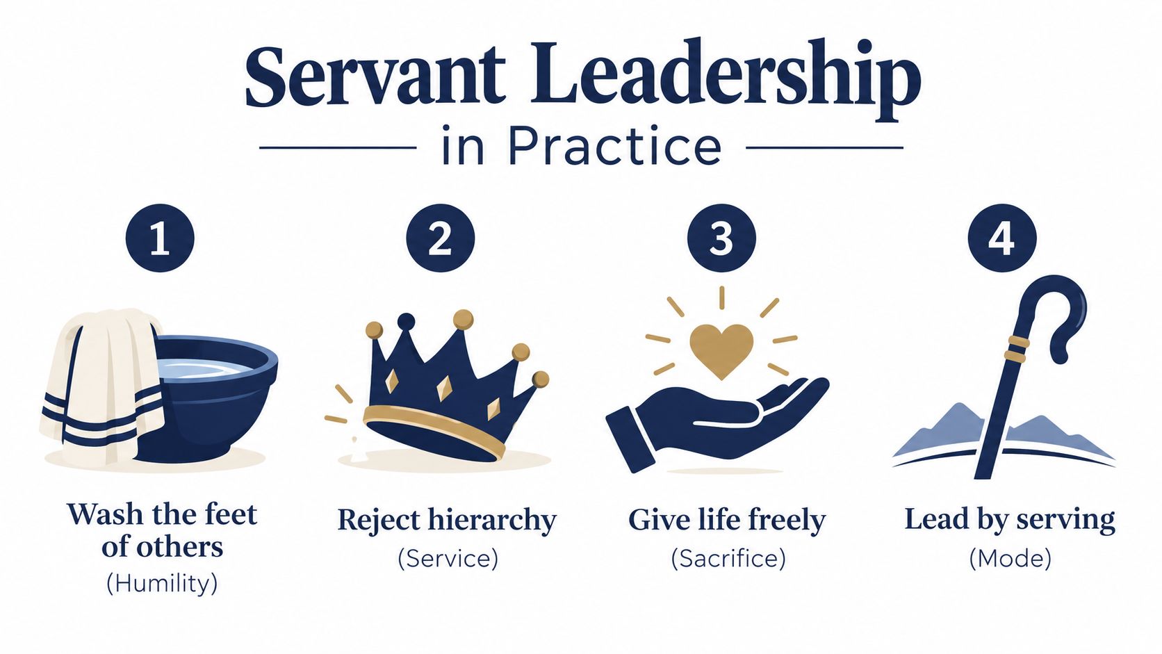 An infographic titled Servant Leadership in Practice showing four principles depicted with icons: washing feet, crown, heart, and staff.