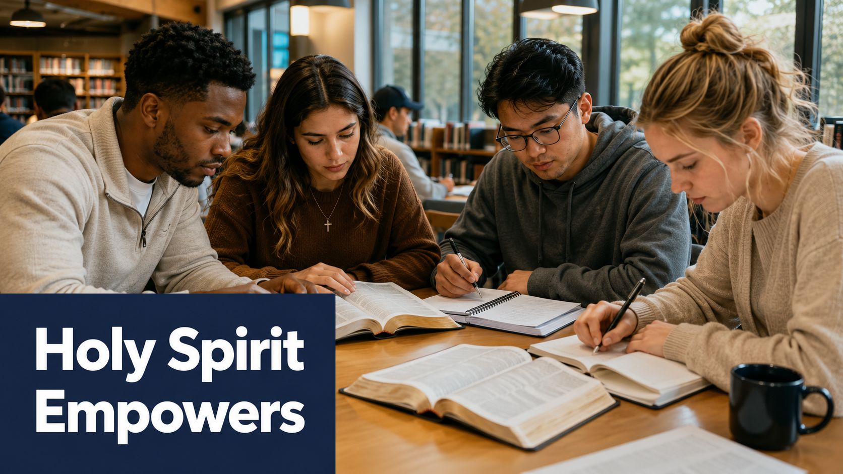 A diverse group of students reading and studying the Bible together in a quiet library setting.