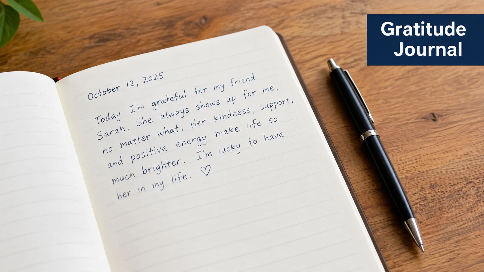 A hand-written gratitude journal entry dated October 12, 2025, lying open on a wooden table with a pen.