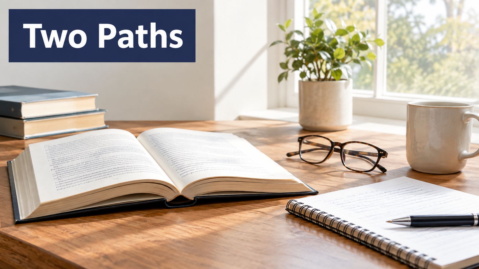 An open book, a spiral notebook, glasses, and a mug on a wooden desk near a window.