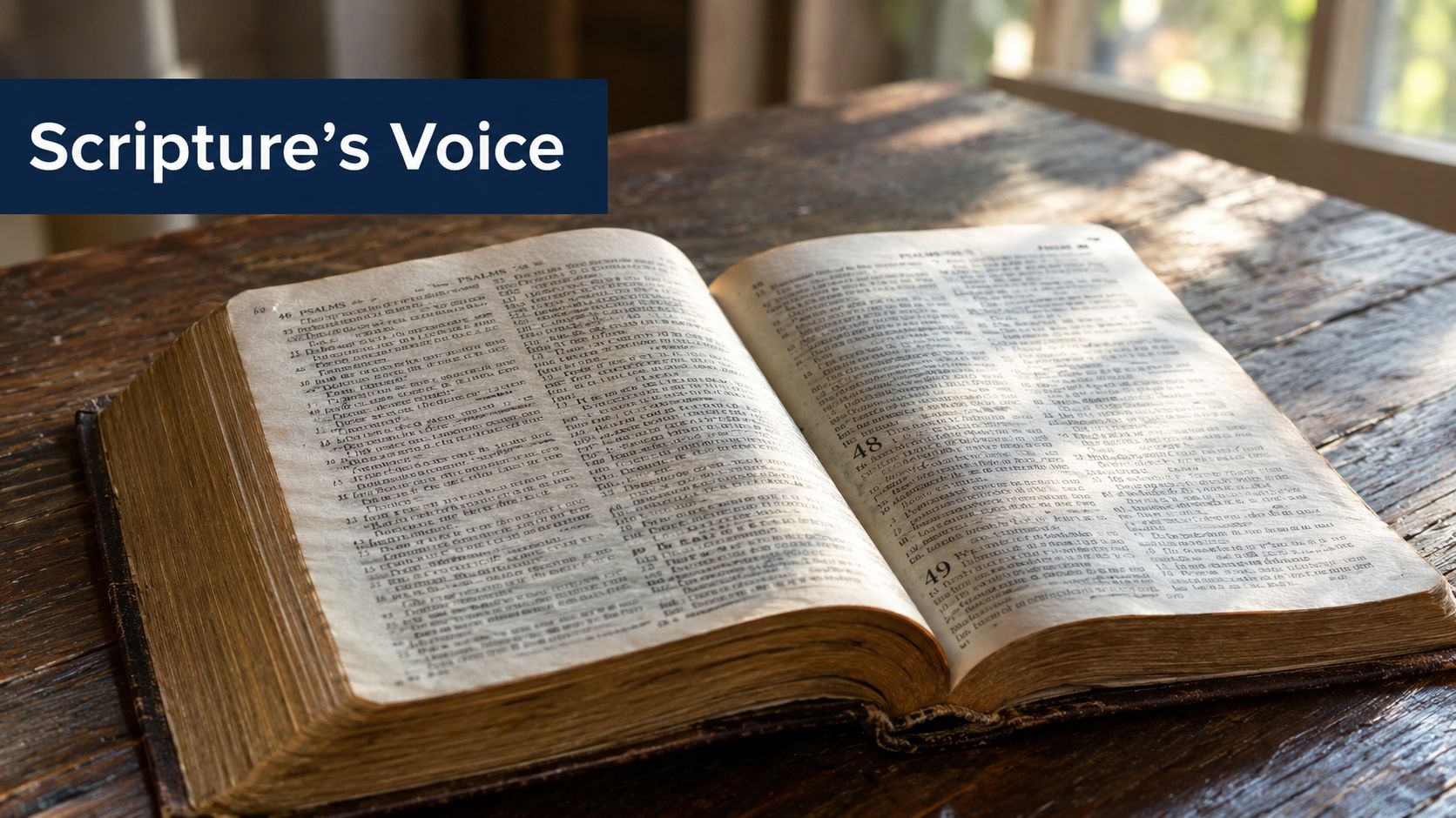 An open antique Bible lying on a weathered wooden table with sunlight illuminating the pages.