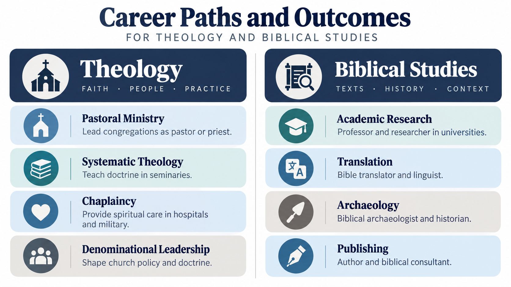 An infographic detailing various career paths and professional outcomes for degrees in theology and biblical studies.