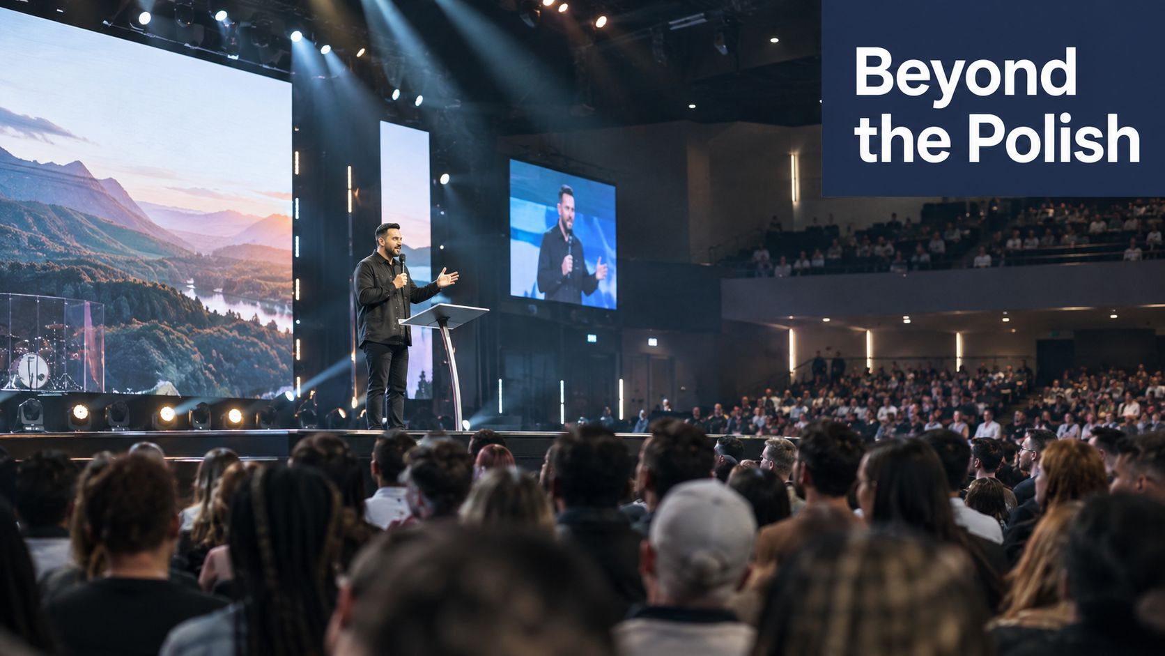 A man speaks from a stage at a large indoor church event with a big screen display.