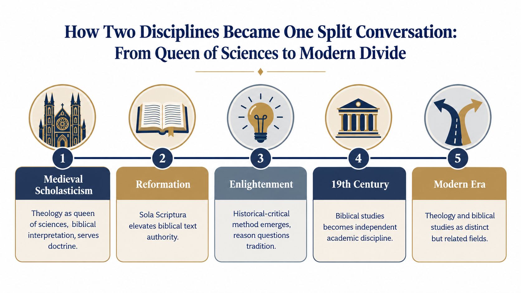 A timeline chart illustrating the historical development and separation of theology and biblical studies disciplines.