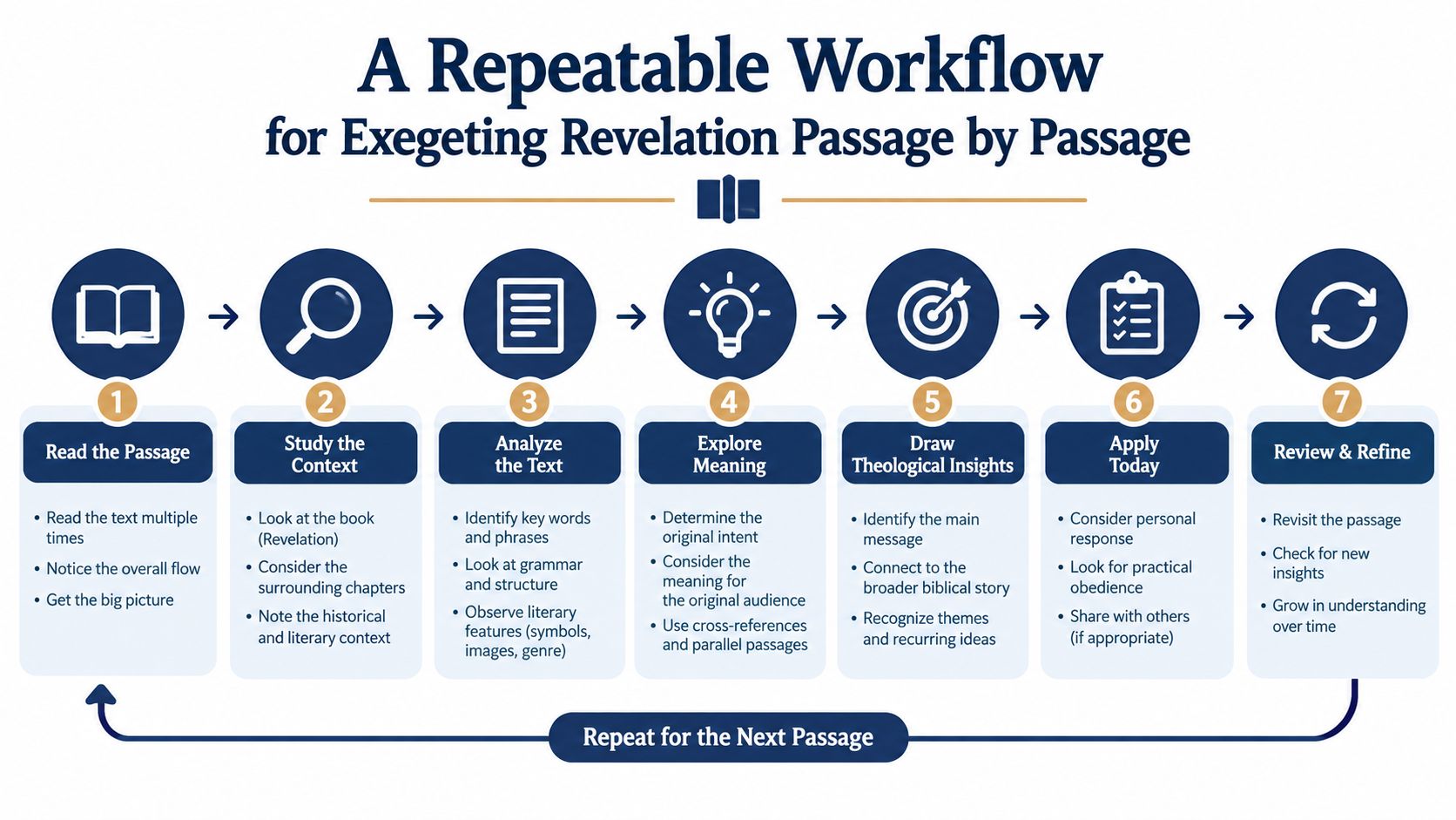 A seven-step repeatable workflow infographic for exegeting and studying passages from the book of Revelation systematically.