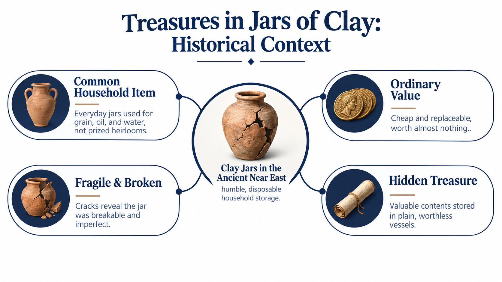 An infographic titled Treasures in Jars of Clay describing the historical context of ancient clay storage vessels.