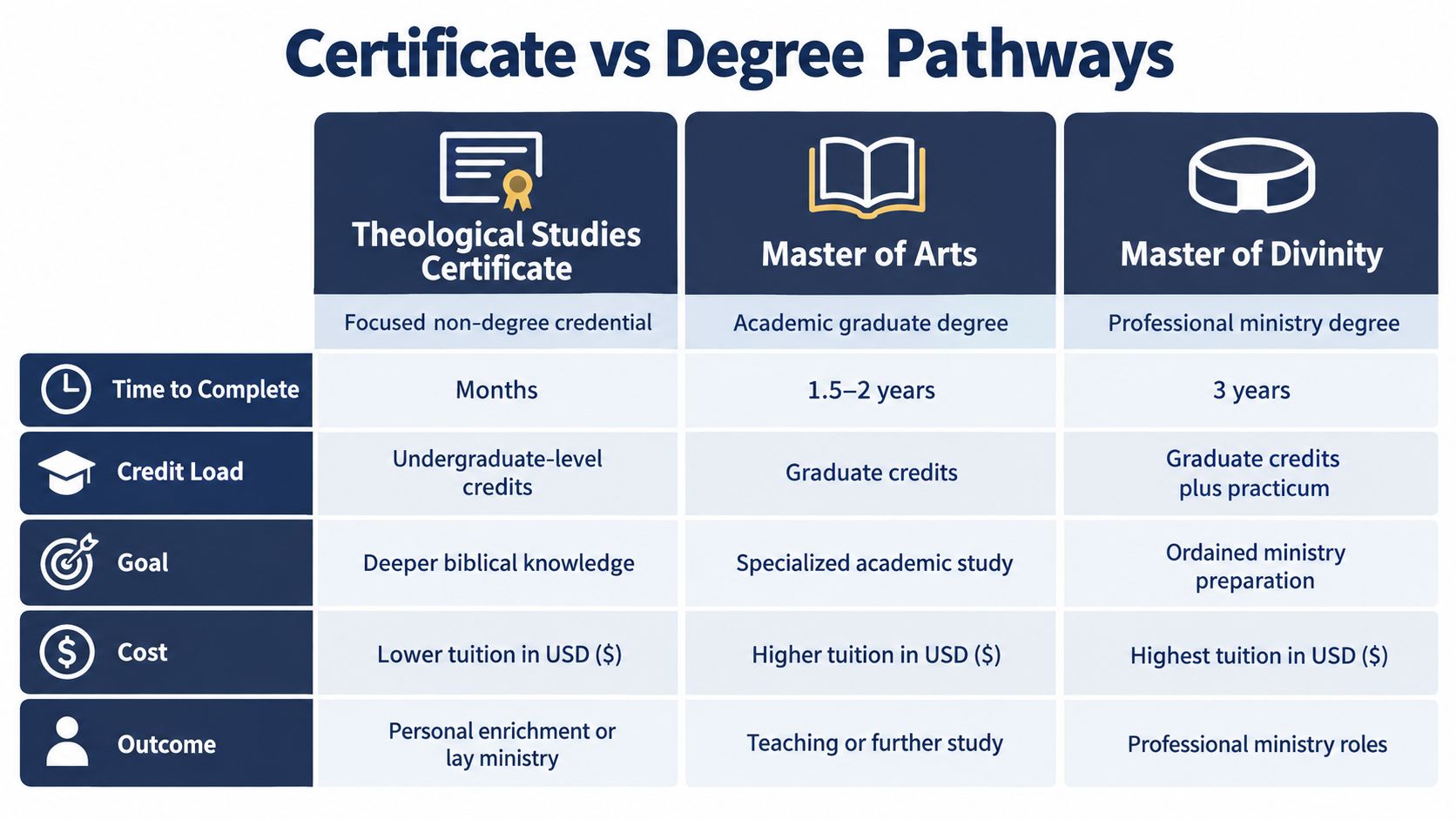 A comparison table outlining the differences between a theological studies certificate, master of arts, and master of divinity.