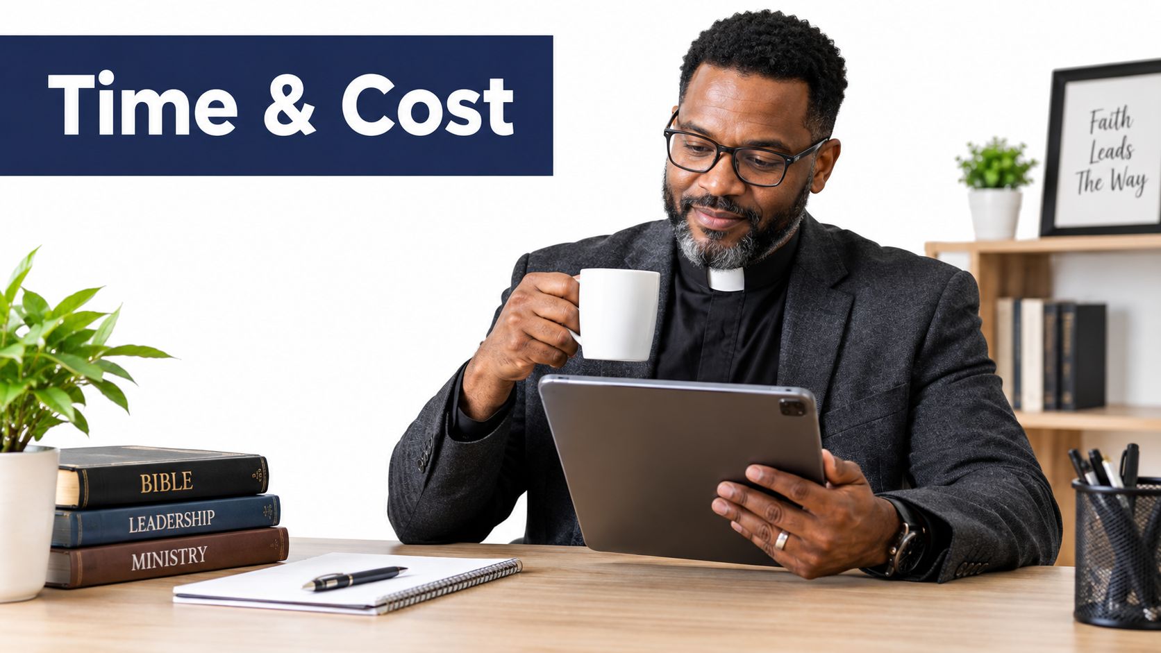 A professional clergyman wearing a clerical collar reads a digital tablet while drinking coffee at his desk.