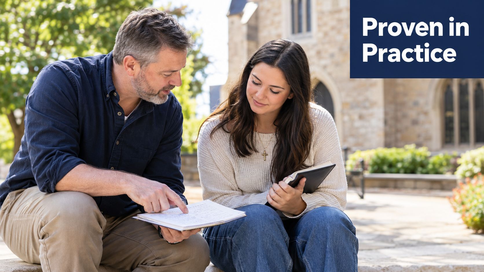A mentor and student studying together, highlighting the collaborative process of competency based theological education outdoors.