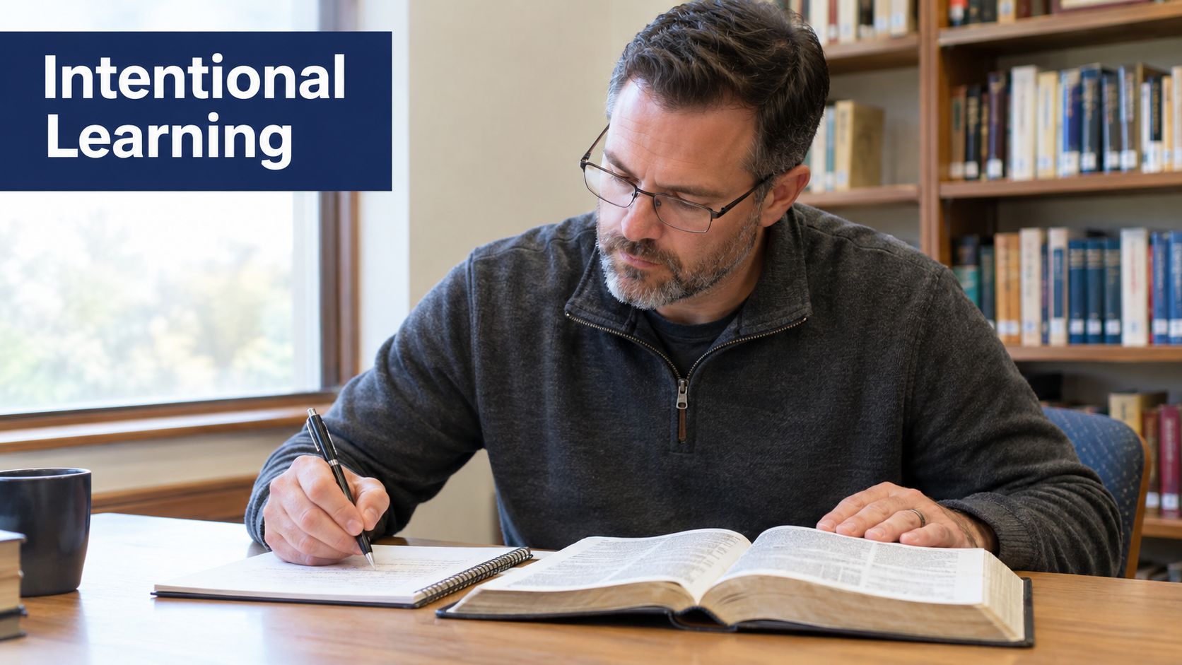 A middle-aged man with glasses diligently taking notes while reading a large book in a library.