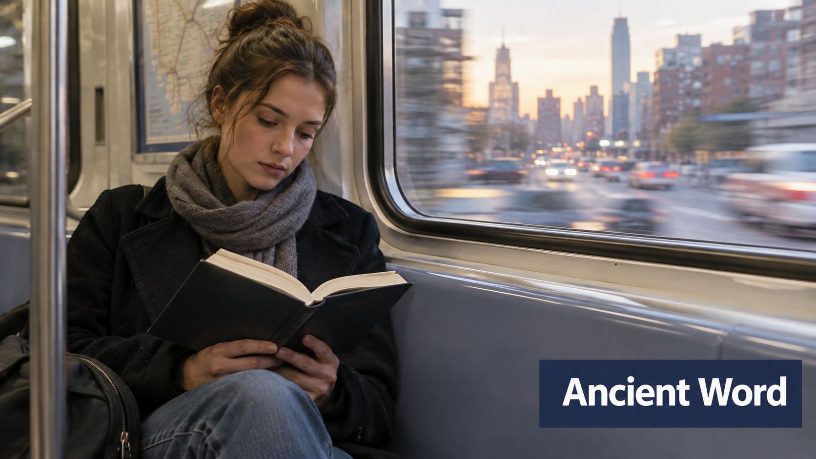 A young woman reading a book while sitting on a subway train during her commute.