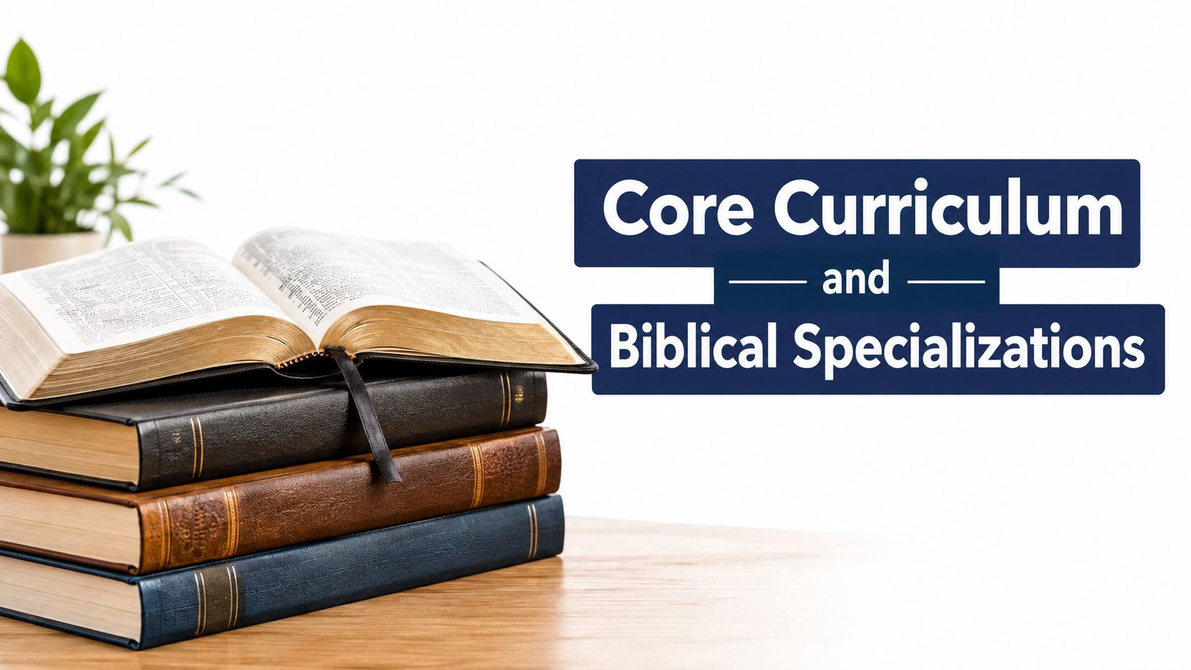 A stack of hardcover books and an open Bible on a wooden table against white background.
