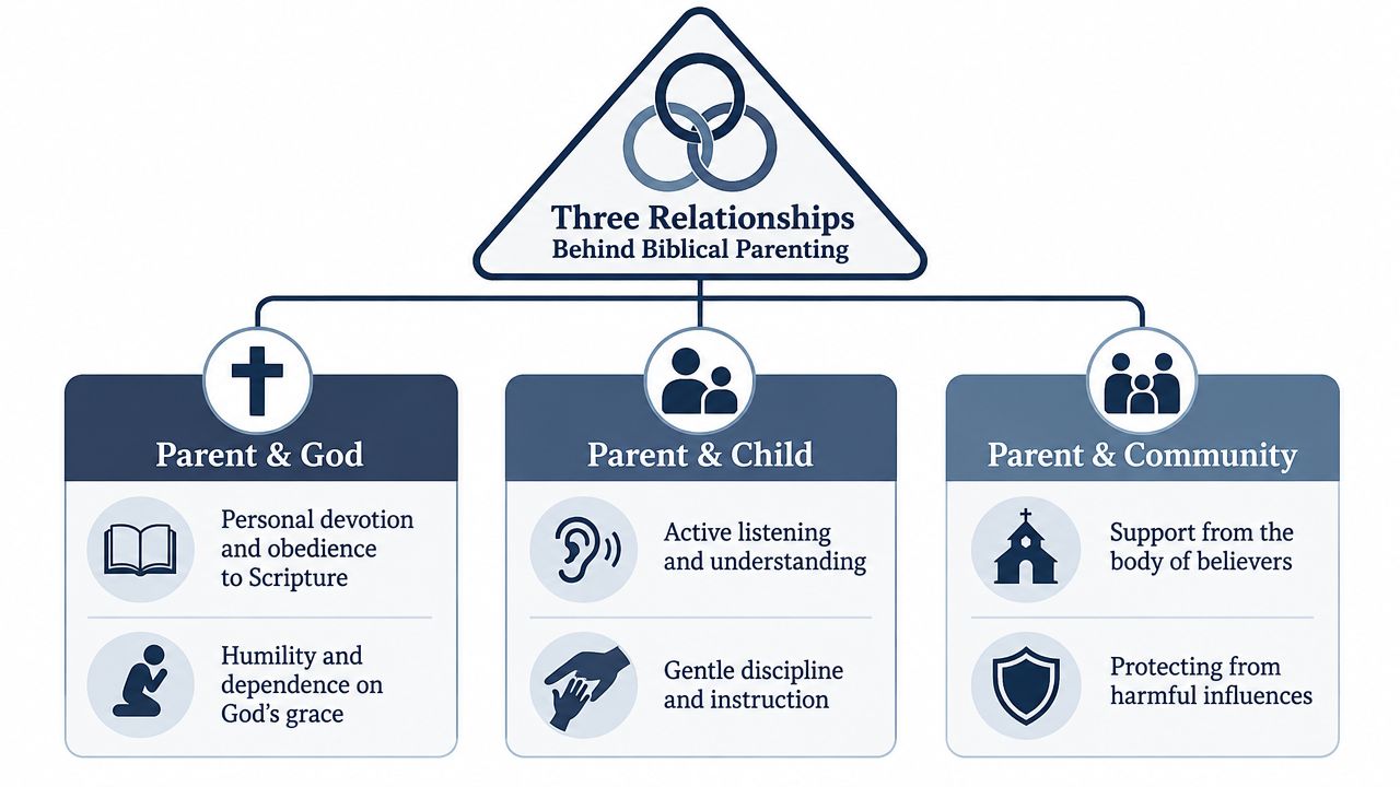 A diagram illustrating the three key relationships essential for biblical parenting: Parent and God, Parent and Child, and Parent and Community.