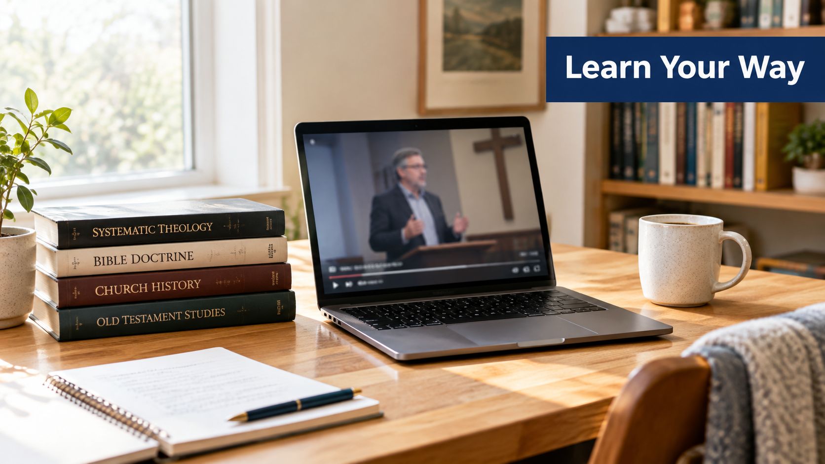 A laptop showing a religious lecture on a desk with books about theology and coffee.