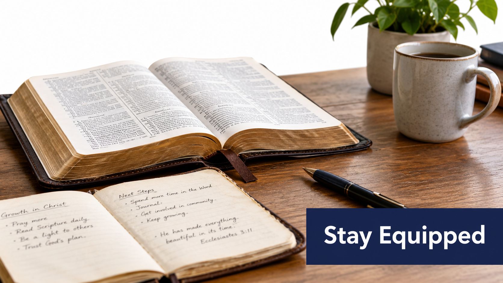 An open Bible and a journal on a wooden desk with a coffee mug and plant.