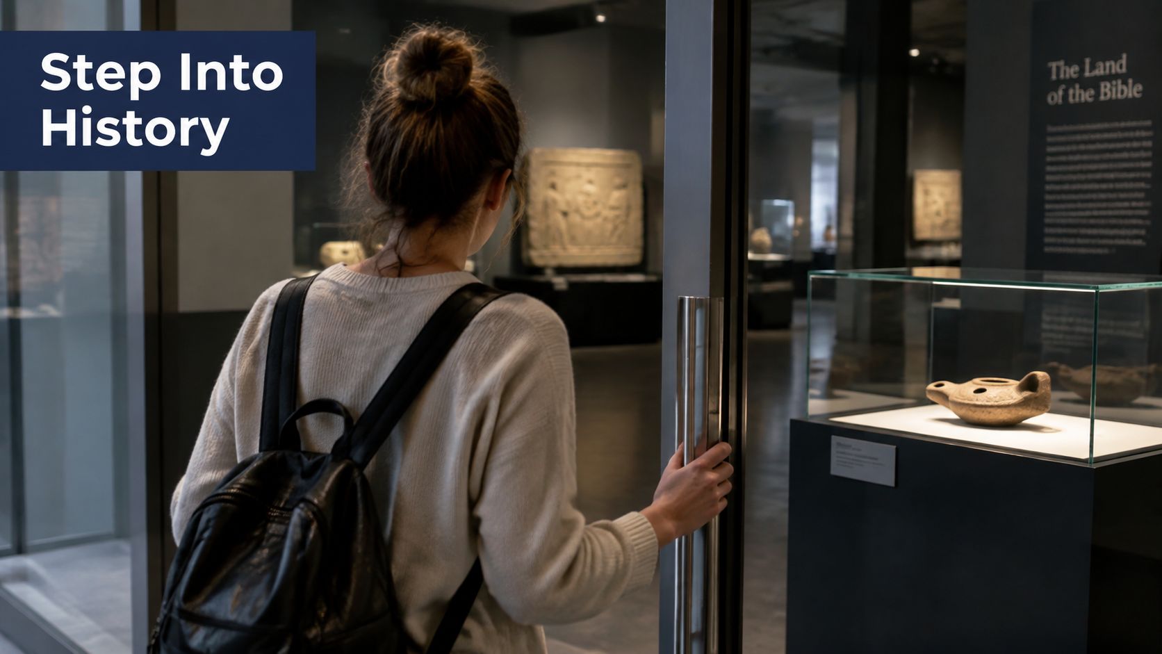 A young woman with a backpack enters a museum gallery featuring ancient biblical artifacts and relics.