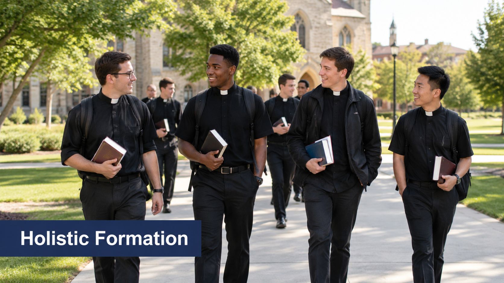 A group of young men in clerical shirts walking together on a sunny college campus.