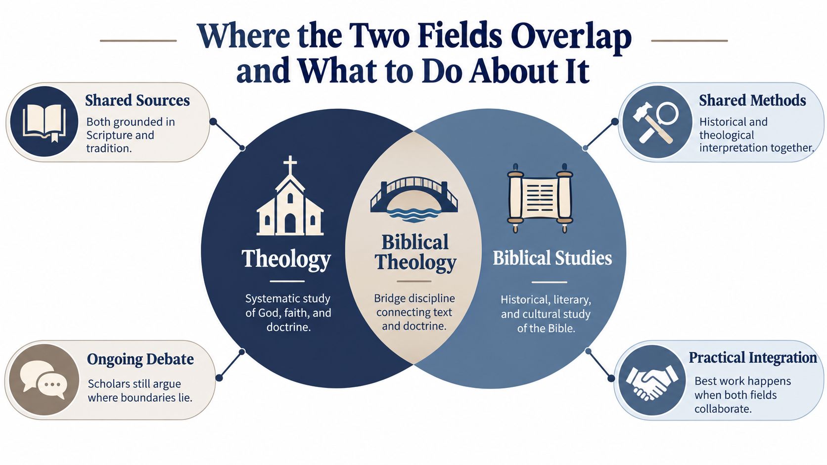 A Venn diagram showing the overlap between theology and biblical studies with biblical theology in the center.