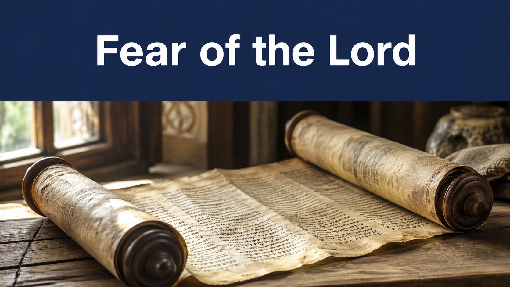 An ancient Hebrew scroll lies open on a rustic wooden table under soft lighting.