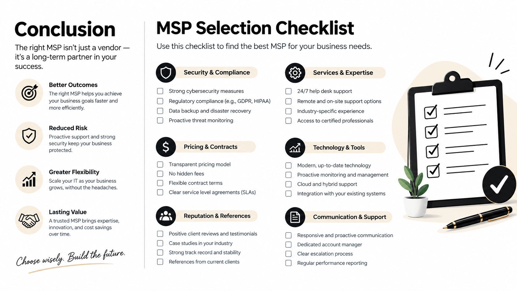 An infographic detailing an MSP selection checklist to help businesses choose the right IT service partner.