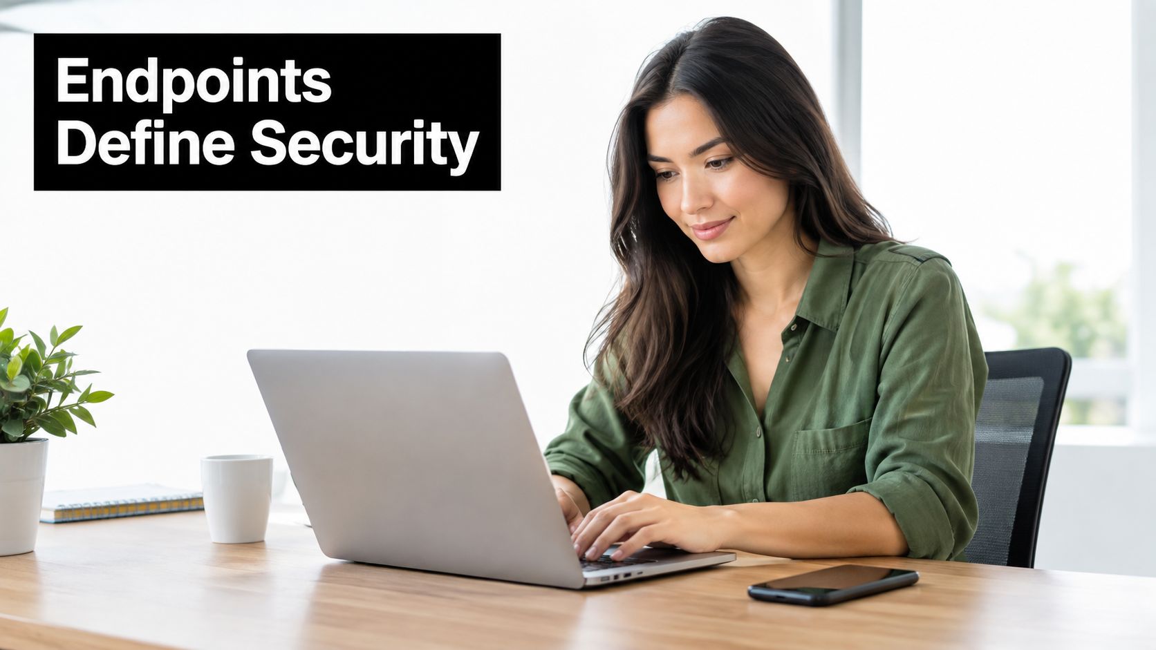 A woman working on a laptop at a desk with the text Endpoints Define Security overlayed.