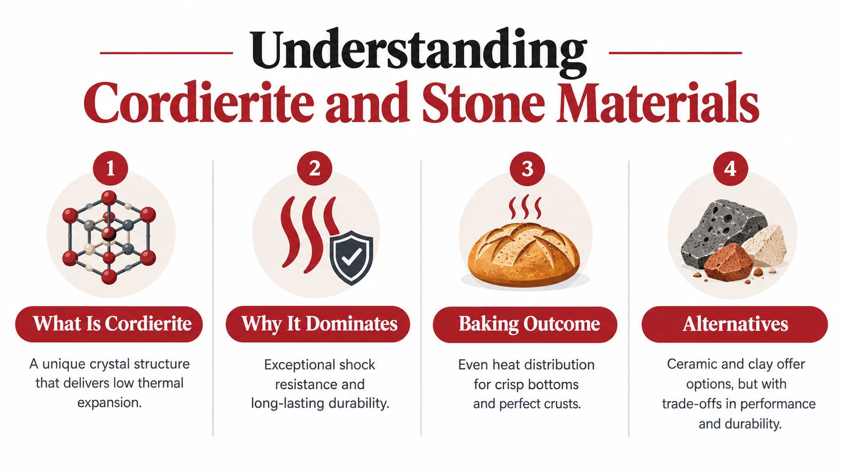 An infographic explaining the benefits of cordierite for pizza stones including durability, heat distribution, and alternatives.