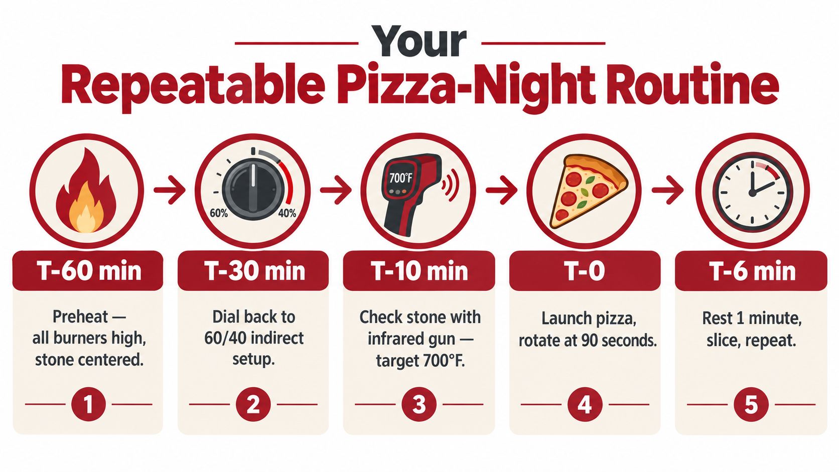An infographic detailing a five-step repeatable routine for cooking pizza on a outdoor gas grill.