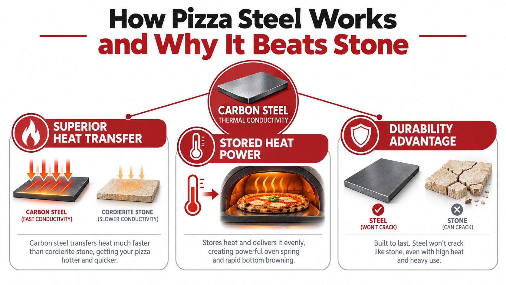 An infographic comparing the benefits of carbon steel over cordierite stone for baking better homemade pizzas.