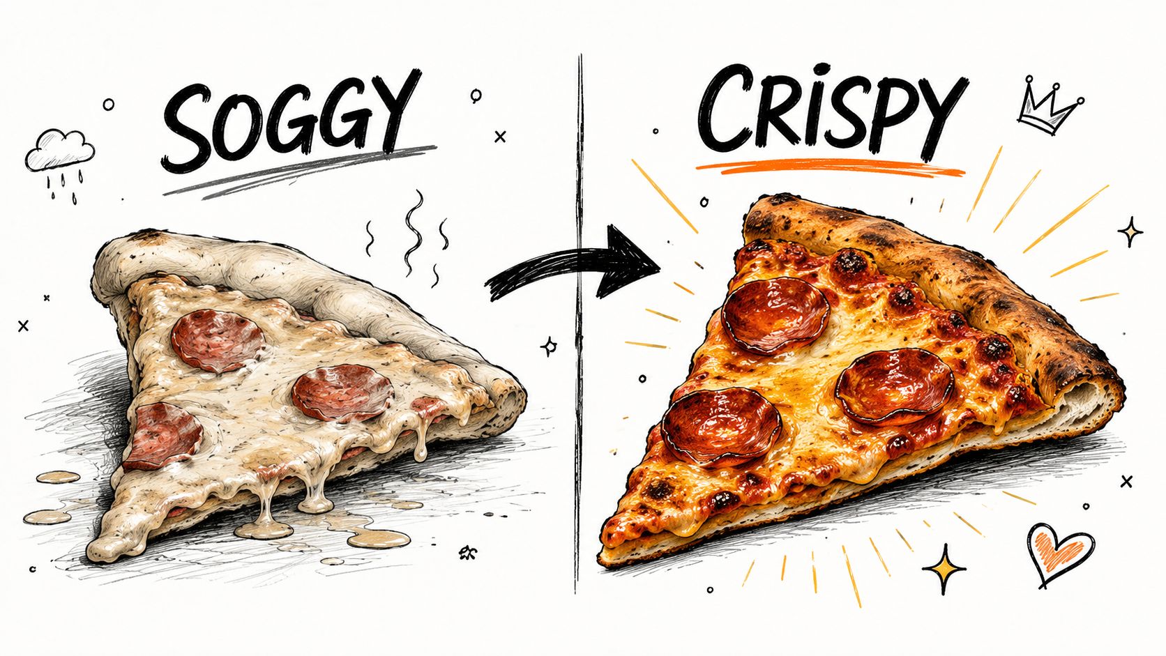 A side-by-side comparison illustration showing a soggy, unappealing pizza slice versus a perfectly crispy, delicious pizza slice.