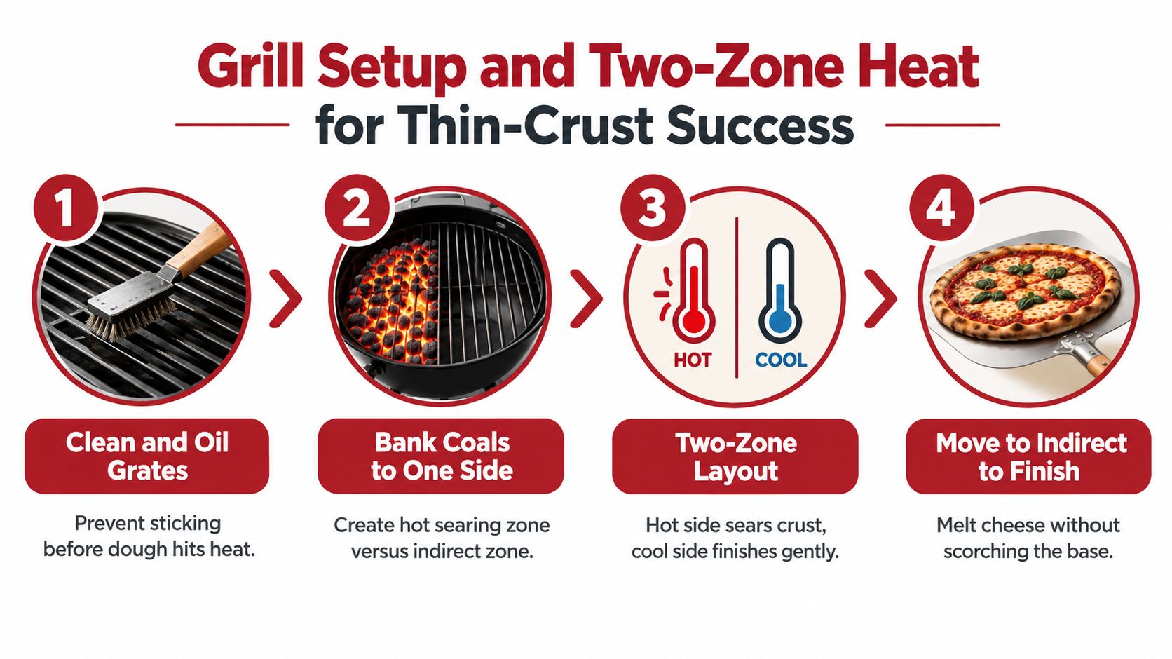 A step-by-step infographic showing how to set up a grill for cooking thin crust pizza.