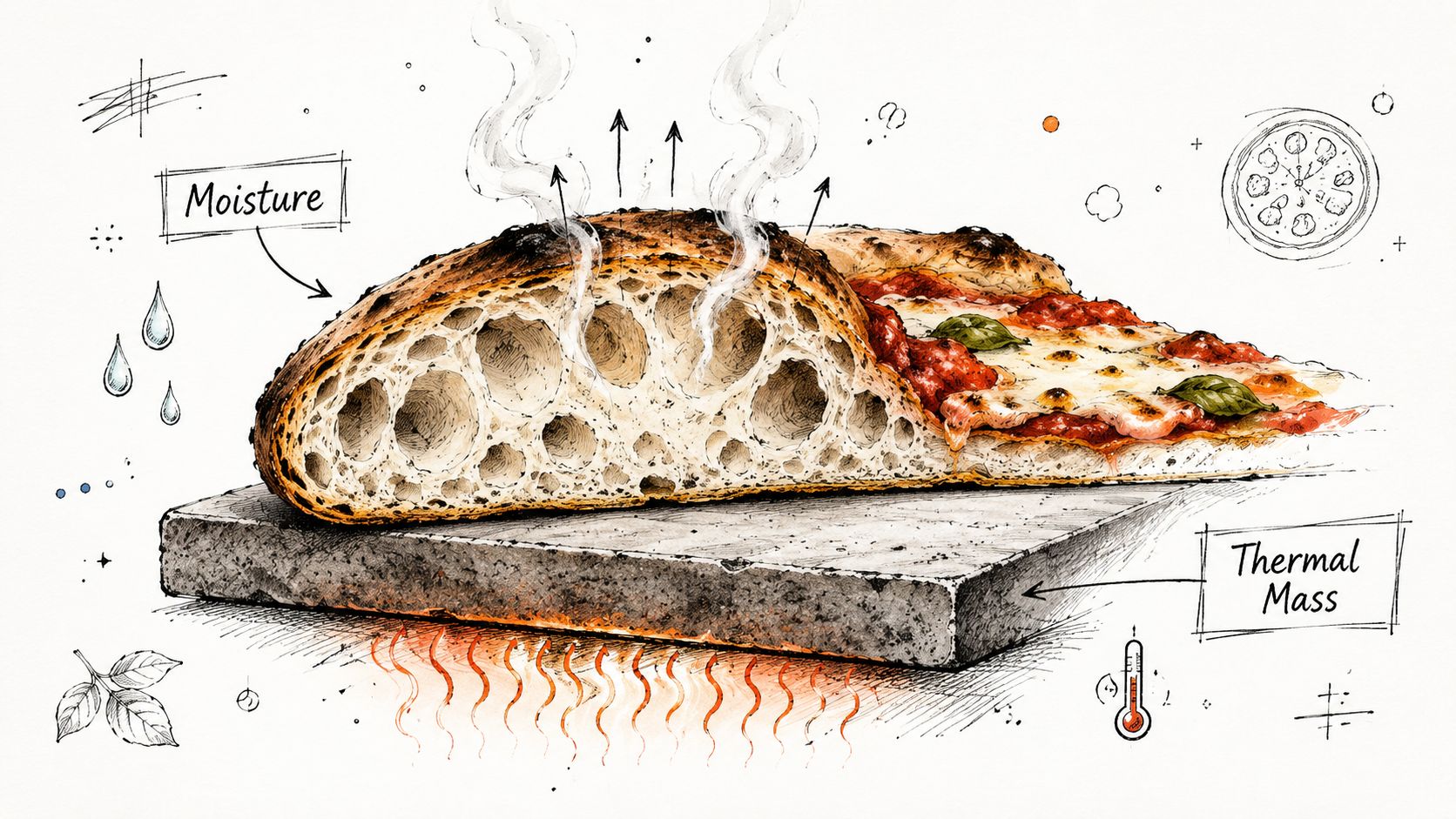 A detailed illustration of a pizza baking on a hot stone, highlighting steam and thermal mass.