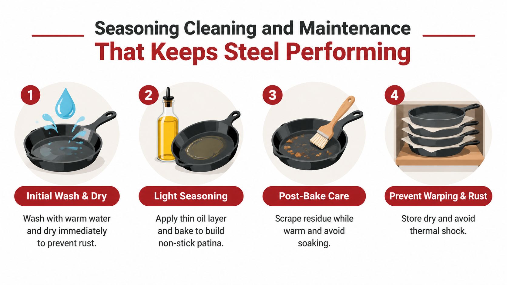 An infographic showing four steps for cleaning and maintaining a pizza steel for long-term performance.