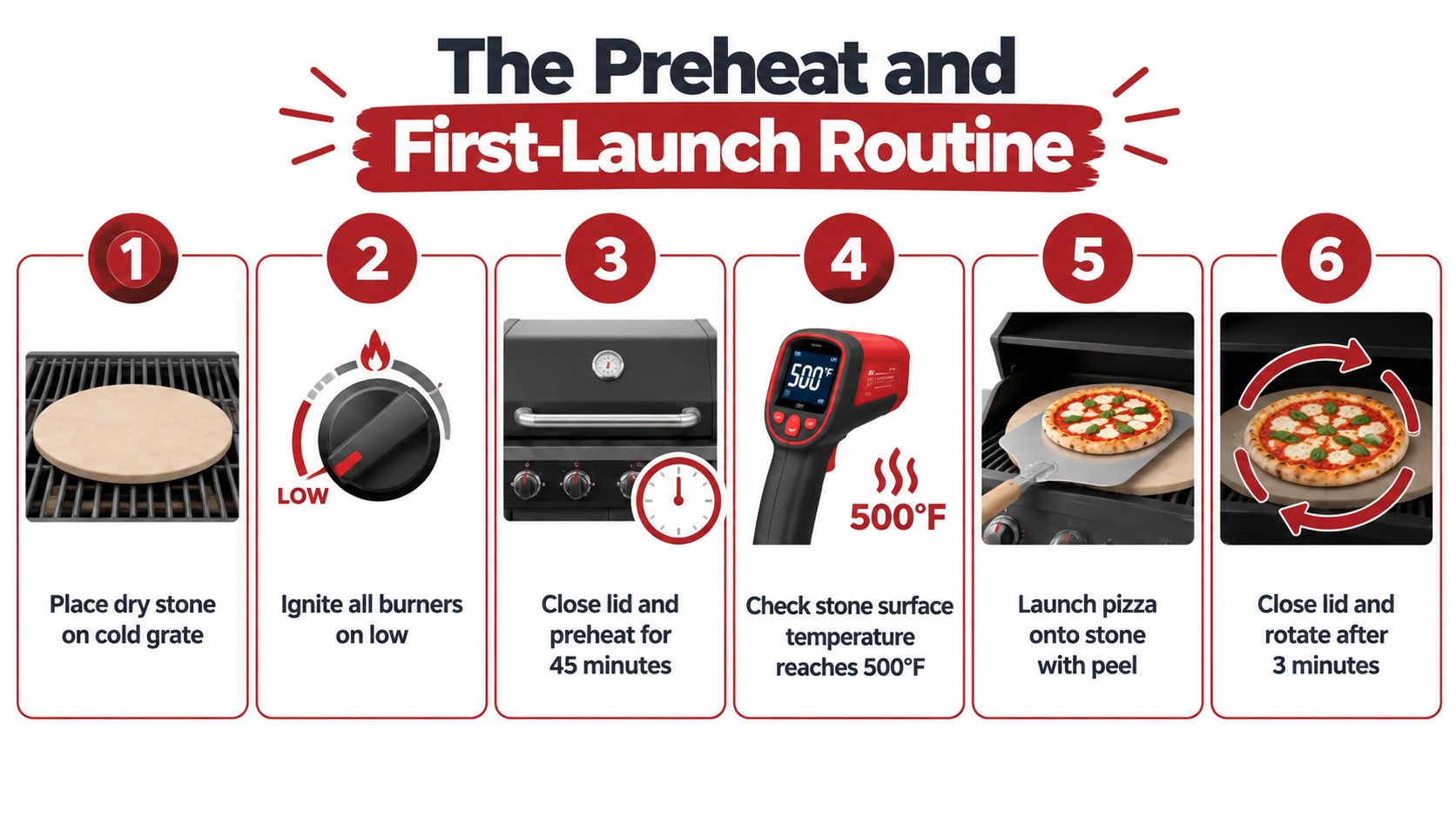 A six-step infographic guide demonstrating how to preheat a pizza stone on a gas grill for baking.