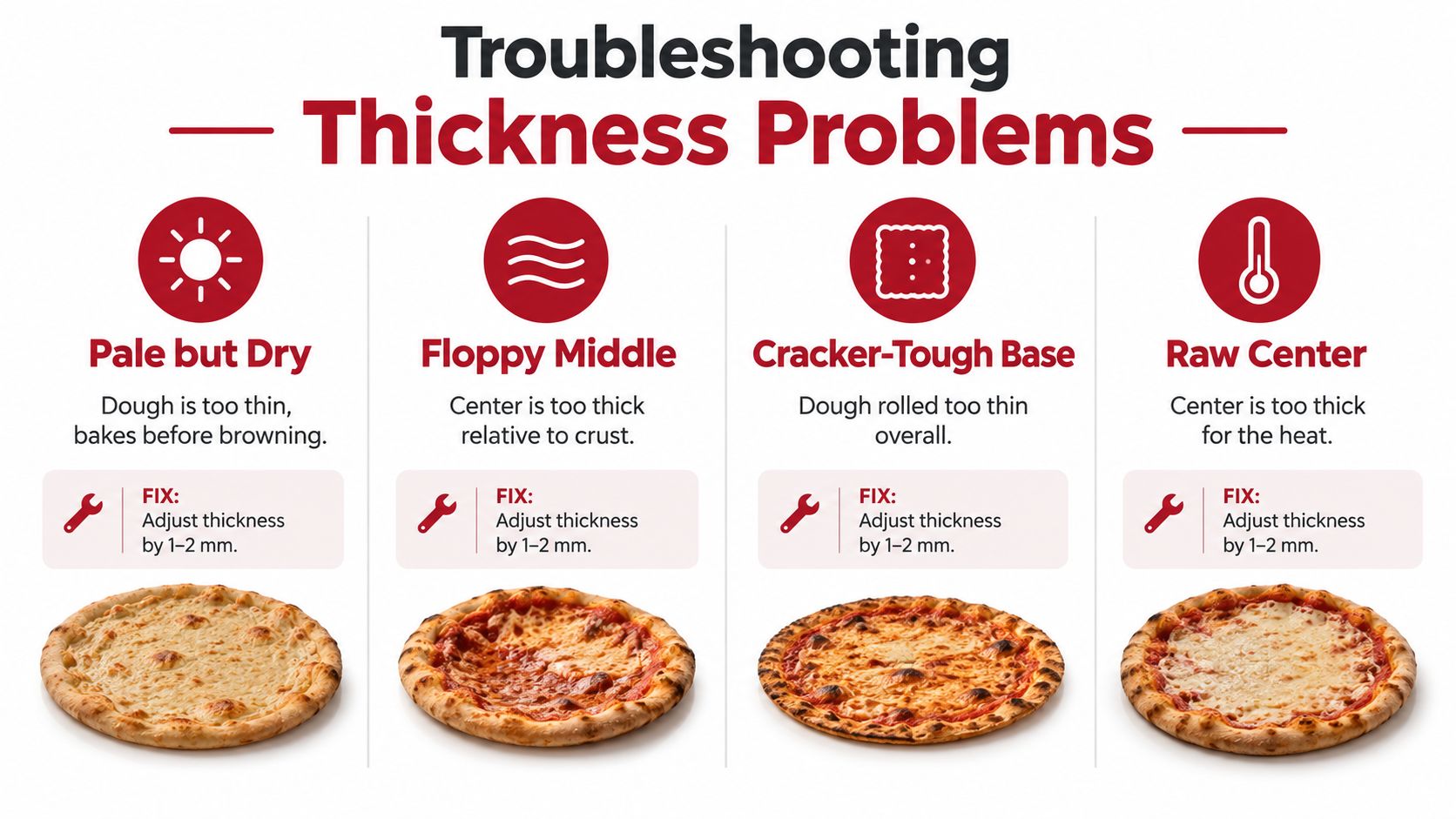 A troubleshooting guide showing four common pizza dough thickness issues with tips for fixing each problem.