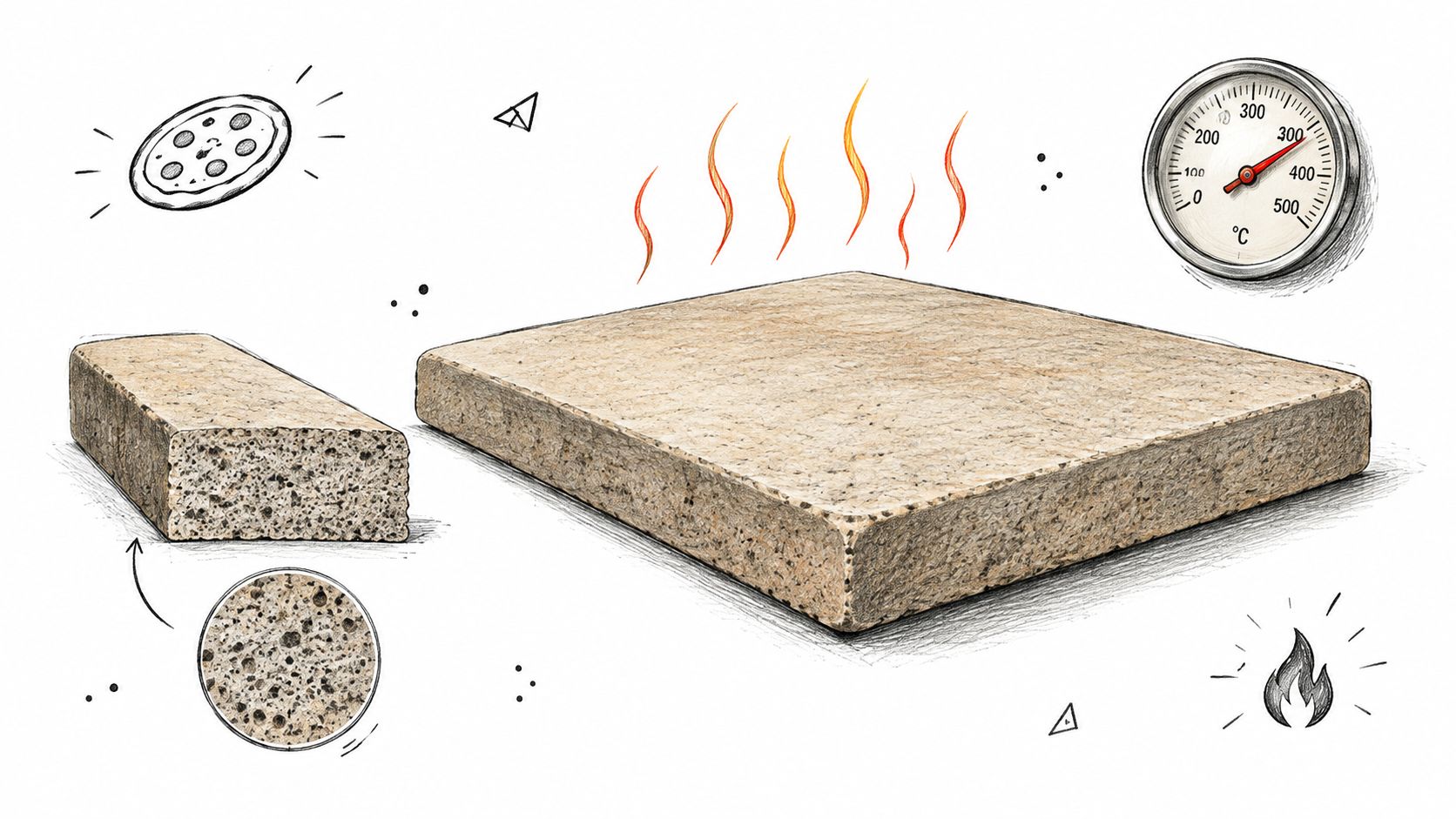 A diagram illustrating a porous pizza stone with a temperature gauge, flames, and a pizza icon.