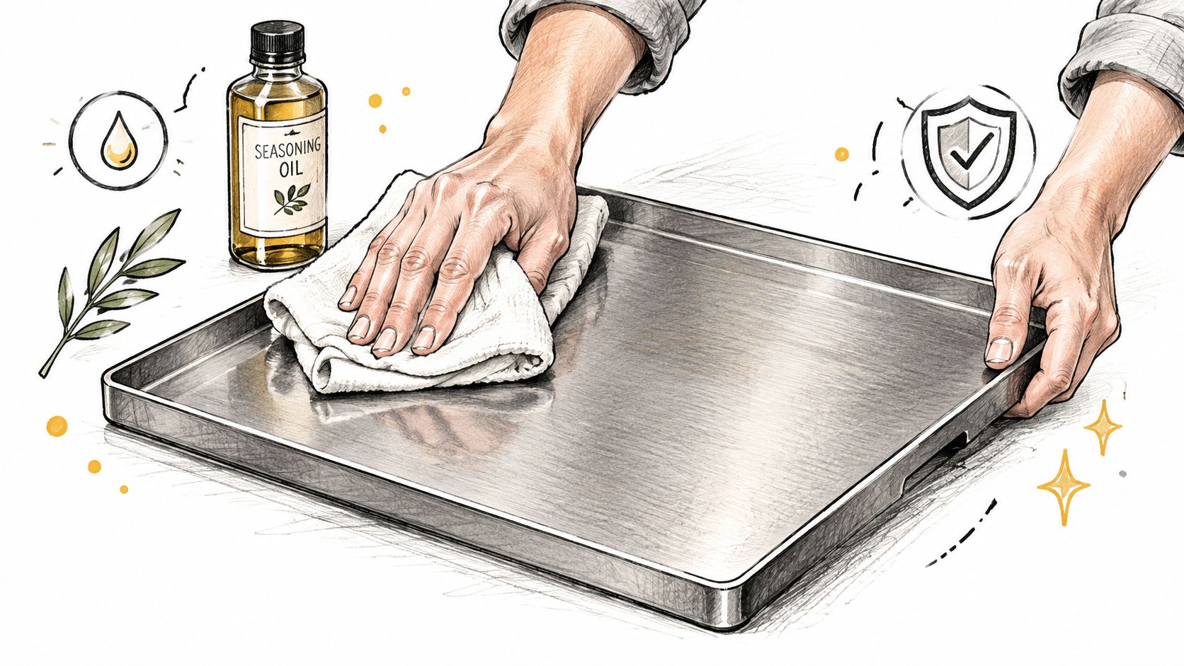 A person applying seasoning oil to a clean metal pizza steel using a white cloth for protection.