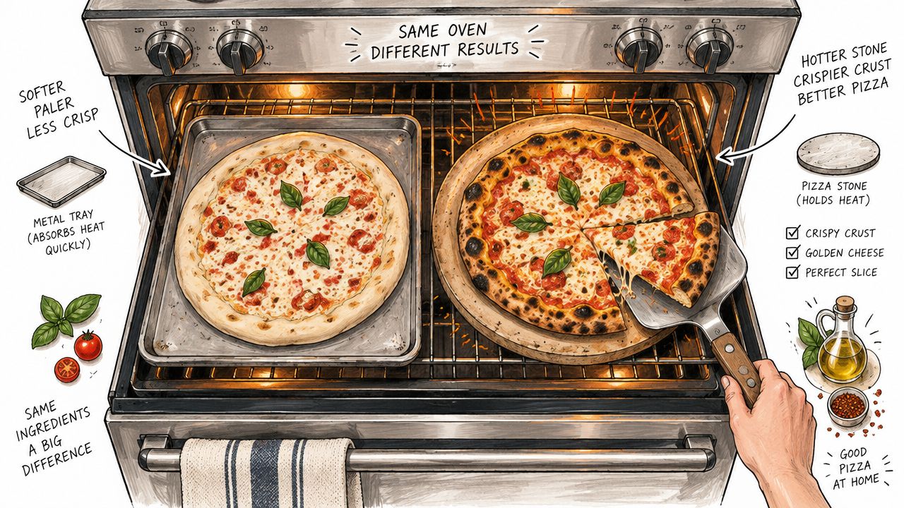 A comparison of two pizzas baked in an oven using a metal tray versus a pizza stone.