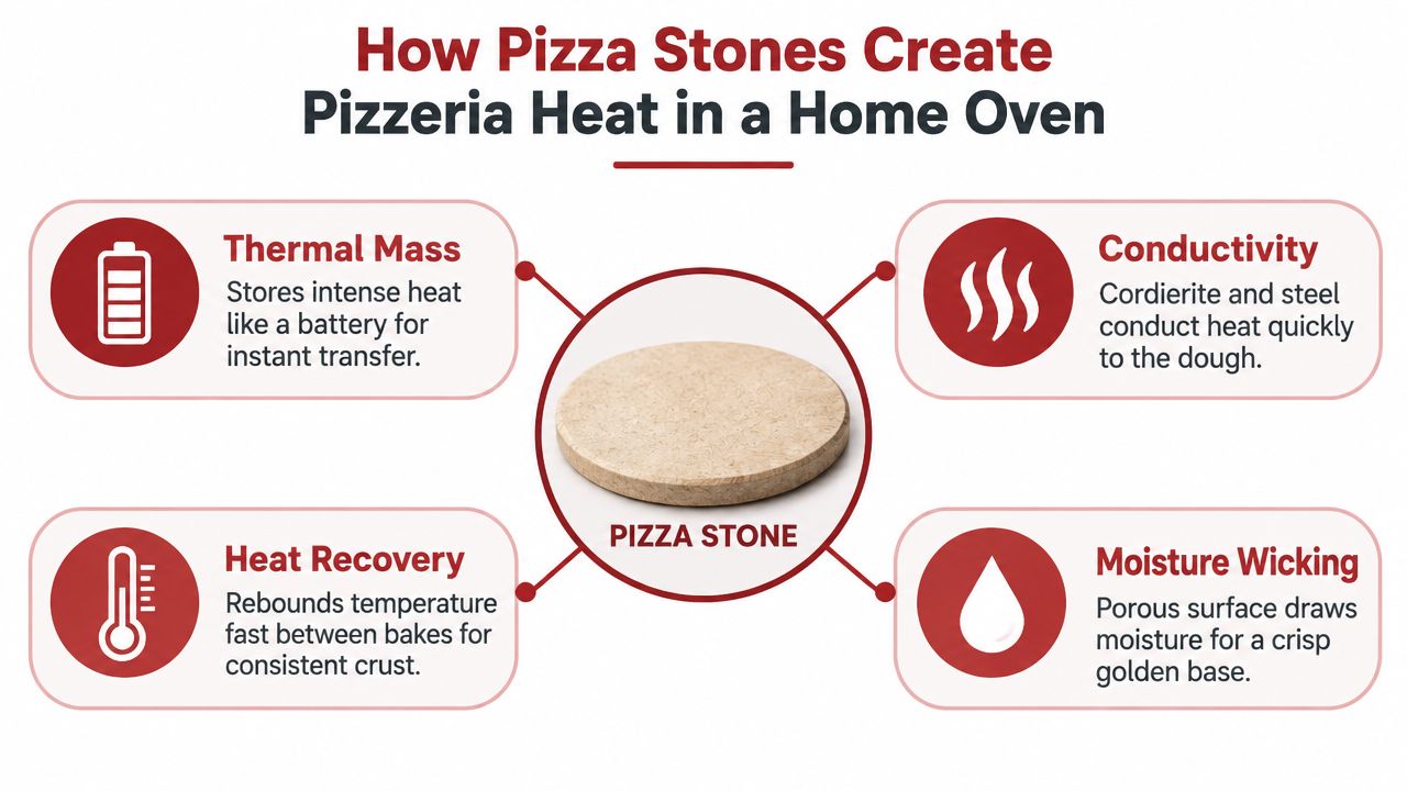An infographic showing how pizza stones use thermal mass, conductivity, heat recovery, and moisture wicking to cook.