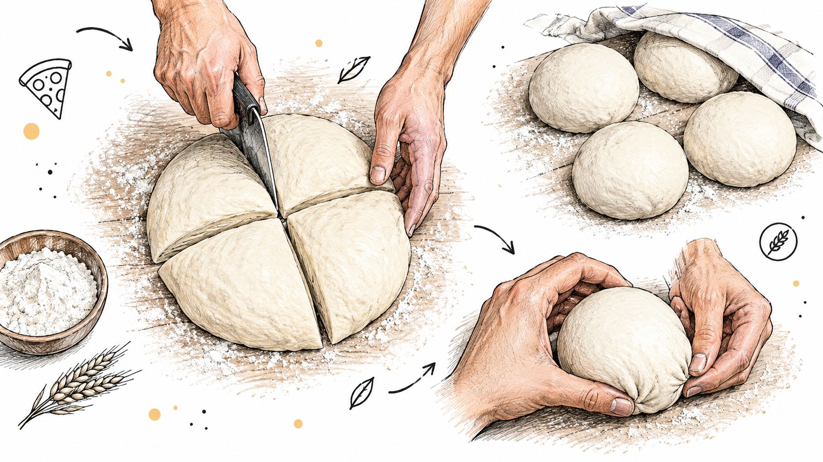 A hand-drawn illustration showing the process of cutting pizza dough and shaping it into smooth balls.